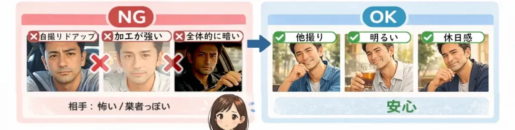 40代男性が出会えない原因、写真で「信用」を落としている例の図解