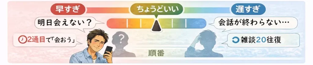 40代男性が出会えない原因、誘い方が早すぎる／遅すぎる（ペアーズ初心者が一番やらかす）例の図解