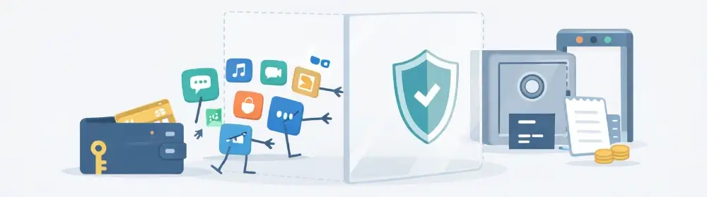 財布とアプリアイコンが防弾ガラスで止められ、右側の金庫に決済が守られる図