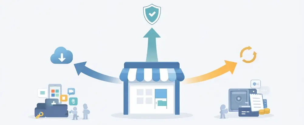 中央のストアから、インストール・信用・アップデートへ3本の矢印が伸びる図