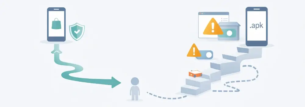左は公式ストアの一本道、右は警告や設定が多いストア外インストールの階段ルートの図