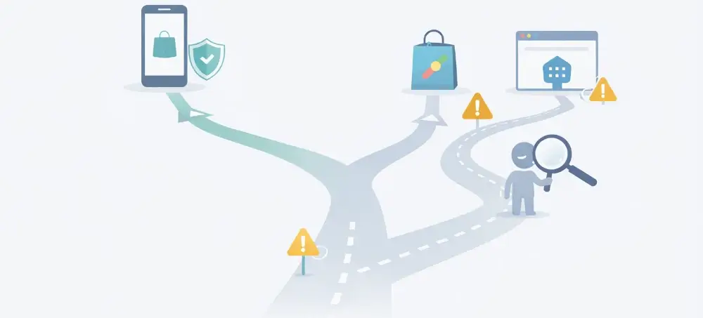 左は公式ストアの一本道、右は警告や設定が多いストア外インストールの階段ルートの図