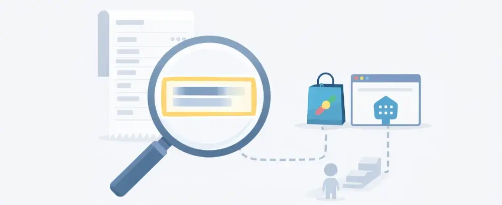 明細書の一部を虫眼鏡で拡大し、請求元の欄をハイライトで確認する図